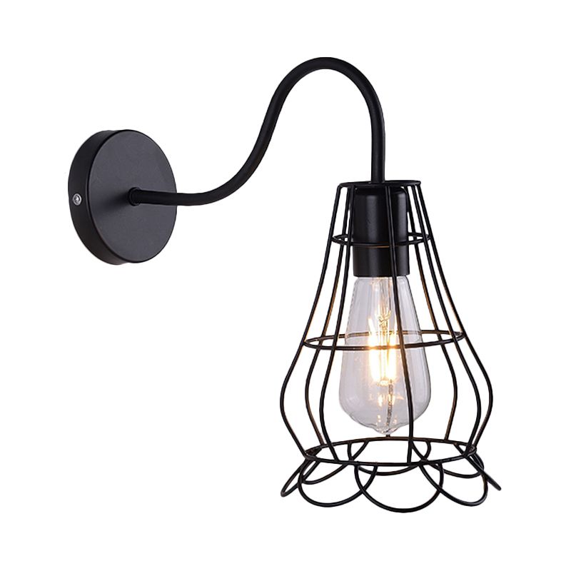 Metallic Black Finish Sconce Wall Light Wire Cage Shade 1 Light Retro Style Wall Mount Light for Bedside