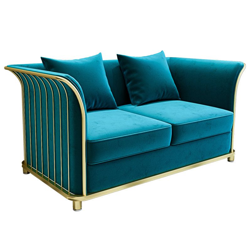 27.5" H Contemporary Blue Velvet Tuxedo Arm Sofa with Pillows