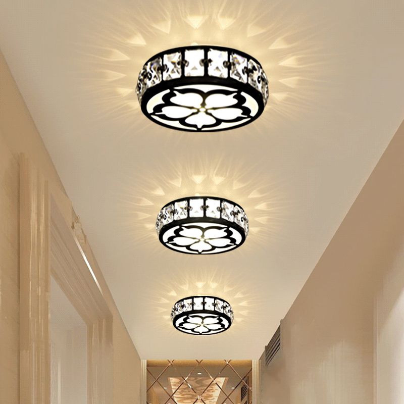 3" Wide Drum Hallway LED Flush Mount Faceted Crystal Contemporary Ceiling Fixture in Black, Warm/White/Multi Color Light