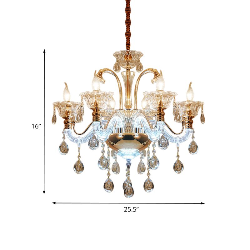 Clear Crystal Candle Chandelier Light Vintage 6 Bulbs Dining Room Hanging Lamp with Glass Shade