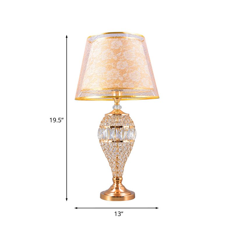 Teardrop Living Room Table Lighting Traditional Crystal 1-Light Gold Night Lamp with 2-Layer Patterned Fabric Shade