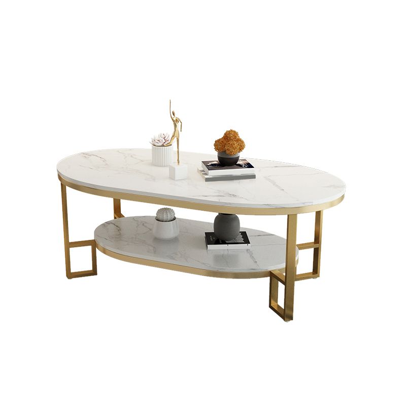 4 Legs Cocktail Table Shelf Included Oval Stone Coffee Table