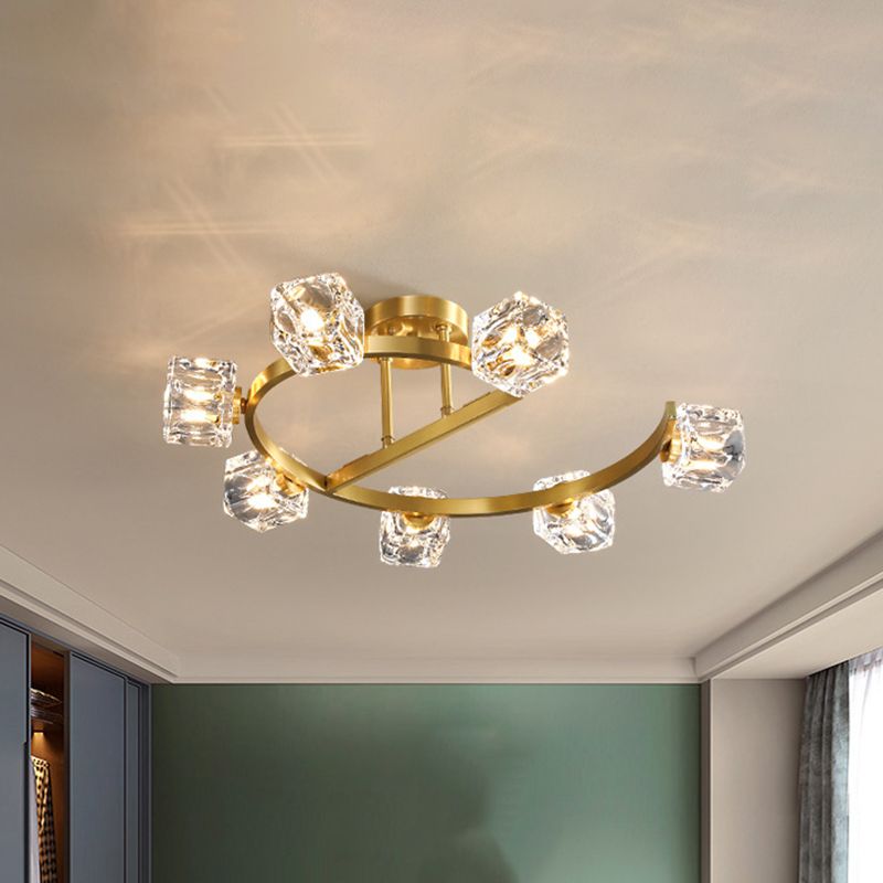 Cubic Clear Crystal Shade Deckenleuchte Contemporary 5/7 Heads Bedkammer Semi Flush Light in Gold
