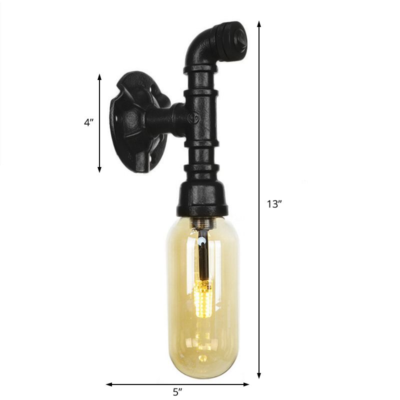Oval Amber Glass Sconce Lighting Industrial 1 Bulb Corridor Wall Mounted Lamp in Black with Pipe Design
