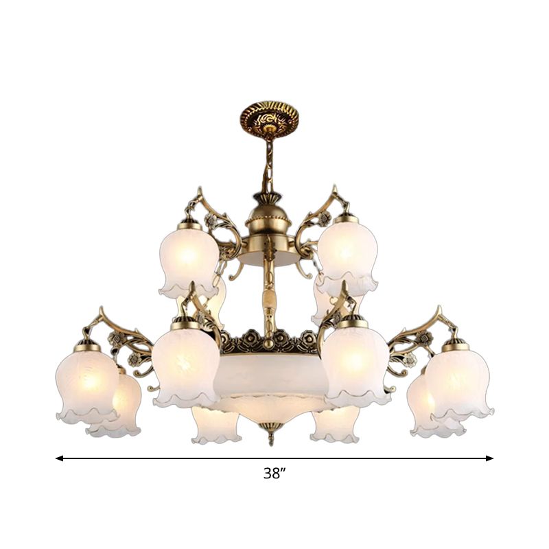 Bronze 15 Lights Chandelier Rural Opal Glass Tiered Flowerbud Shaped Drop Lamp for Restaurant