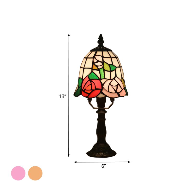 1 Bulb Night Lighting Baroque Bell Shade Stained Art Glass Table Light in Pink/Orange with Bloom Pattern for Bedside