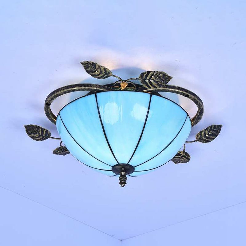 Retro Style Bowl-Shaped Ceiling Light Fixture Stained Glass 3 Bulbs Flushmount Ceiling Light in White/Blue/Clear/Blue-Clear/Green-White/Dark Blue