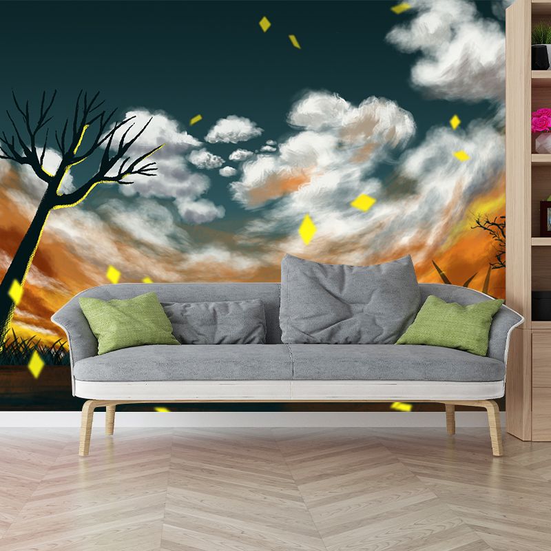 Childrens Art Sunset Scenery Mural Yellow-White Bare Tree Wall Decor for Bedroom