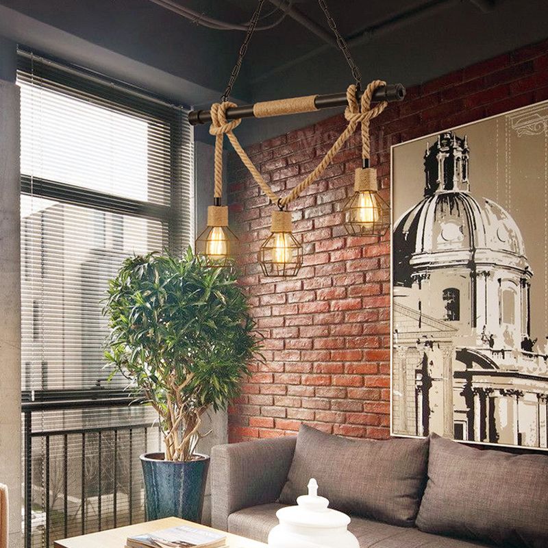 Industrial Island Light Hemp Rope Island Hanging Light with Metal Shade for Dining Room