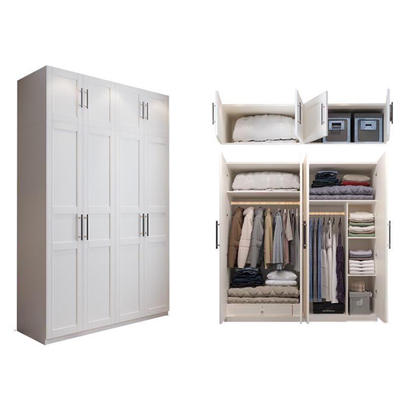 White Wood Wardrobe Cabinet With Drawers and Clothes Hanging Rod Storage Armoire