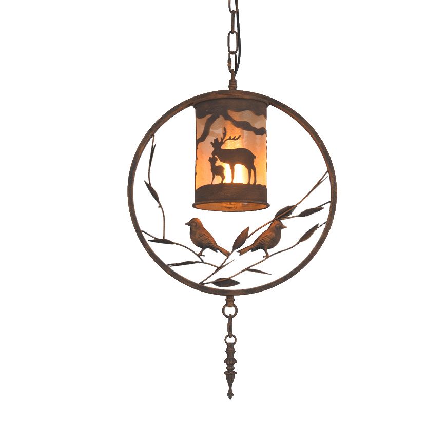 Rust Cylinder Wall Lighting Vintage Style Metal 1 Light Dining Room Sconce Lamp with Fabric and Bird