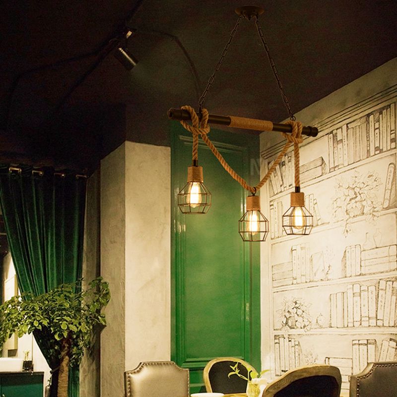 Industrial Island Light Hemp Rope Island Hanging Light with Metal Shade for Dining Room