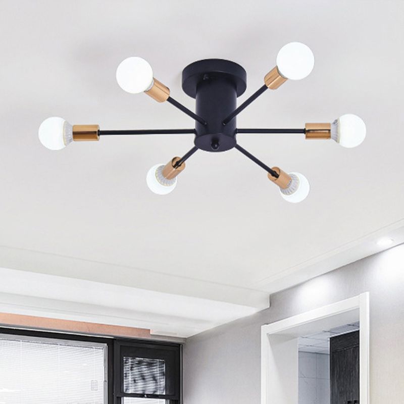 6/8 Heads Bare Bulb Semi Flush Mount Light Vintage Style Black/White Metallic Ceiling Light Fixture for Kitchen