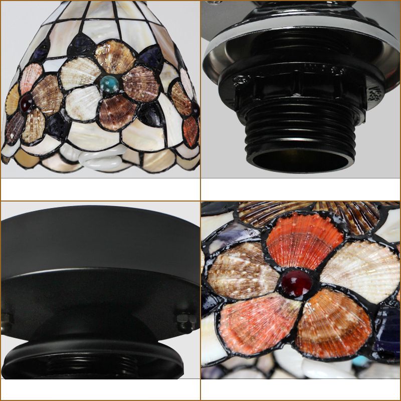 Tiffany Style Domed Ceiling Light Stained Glass 1 Bulb Flush Mount Ceiling Light with Flower Pattern in Black/Chrome Finish