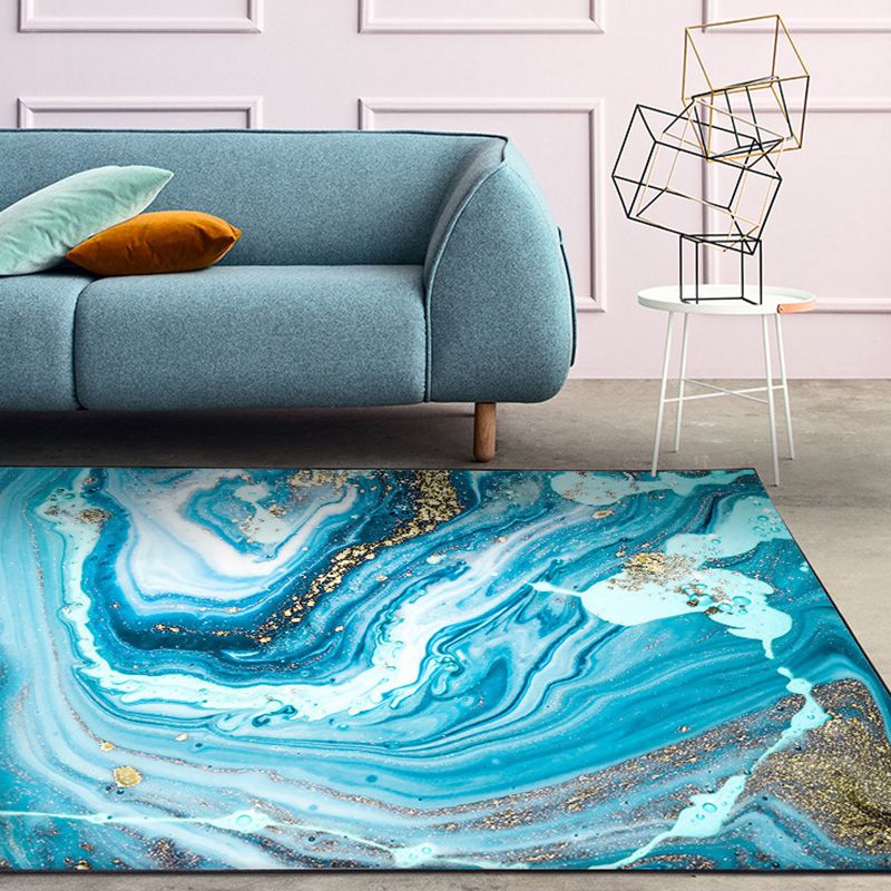 Blue Watercolor Printed Rug Creative Abstract Art Carpet Polyester Washable Rug for Living Room