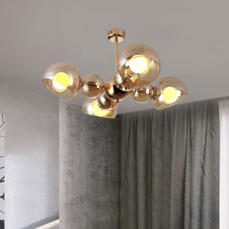 4/6 Lights Bedroom Semi Mount Lighting Brass Ceiling Light Fixture with Bowl Amber Glass Shade