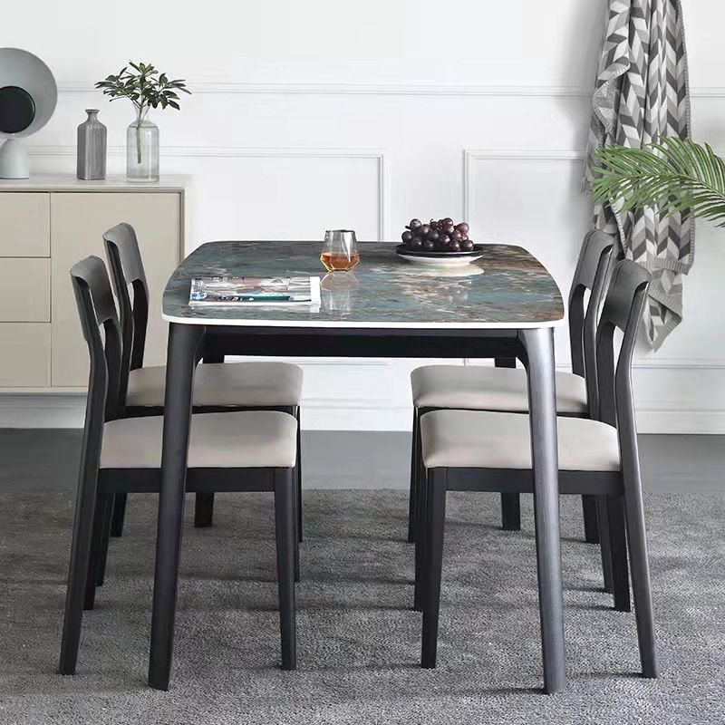 Modern Glossy Blue Dining Table Set 1/2/5/7 Pieces Dinette Set with Wooden Chairs