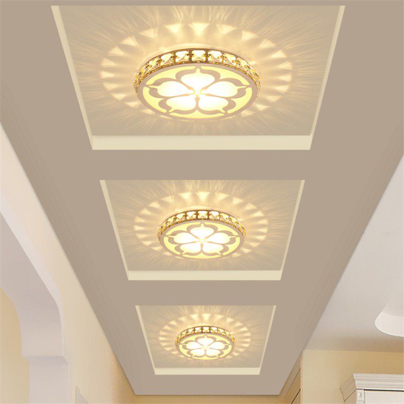 Ultrathin Round LED Flush Mount Light Fixture Simple Crystal Corridor Ceiling Lamp with Flower Pattern