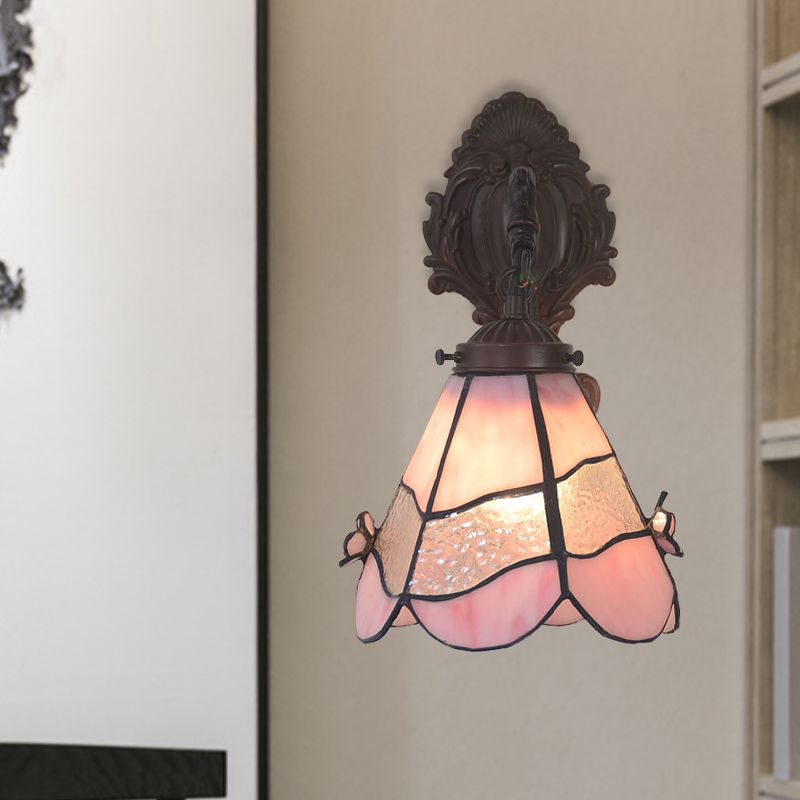 Pink Cut Glass Trapezoid Wall Lighting Mission 1 Light Bronze Flower Patterned Wall Mount Lamp for Dining Room