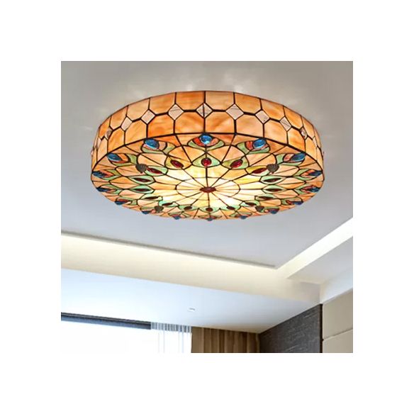 Bedroom Ceiling Lights Tiffany, 4 Lights Drum Flushmount Lighting with Peacock Pattern and Art Glass Shade