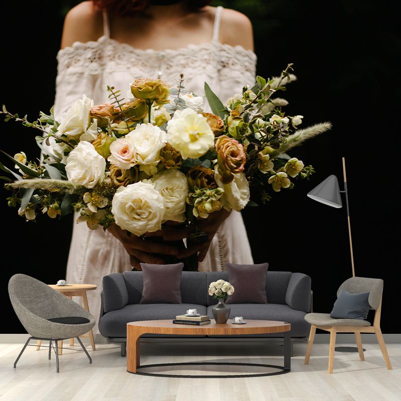 Customized Wedding Bouquet Wall Mural Horizontal Photography for Sleeping Room