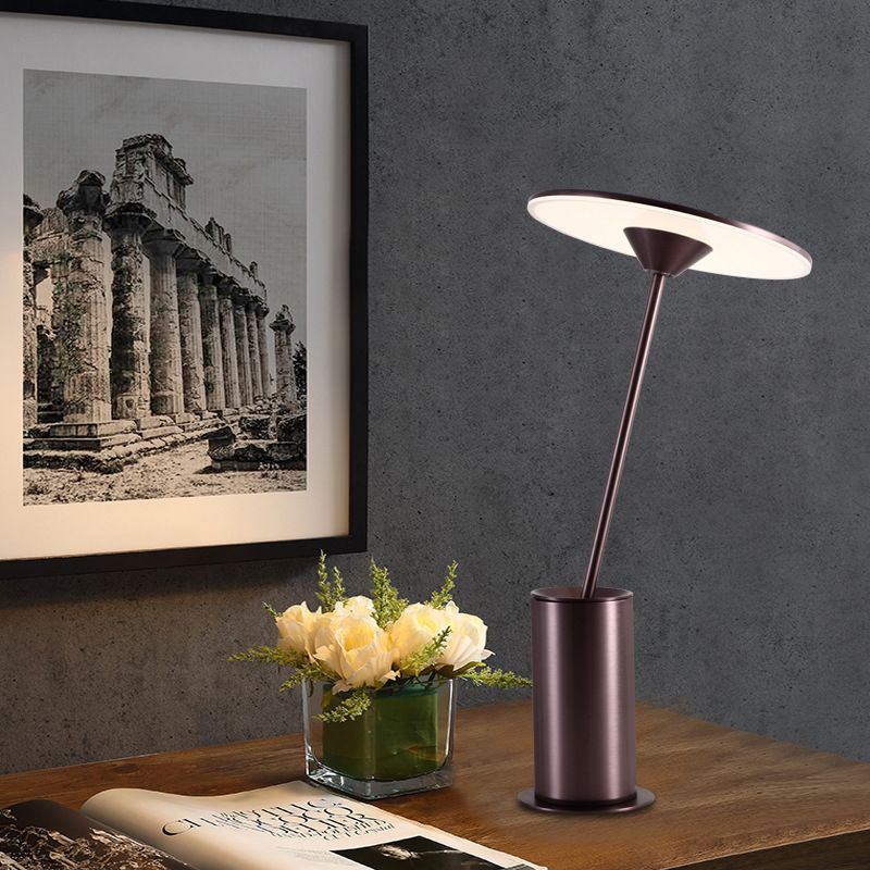 Lampe de table circulaire à LED, lampe de lecture contemporaine en métal marron pour étude