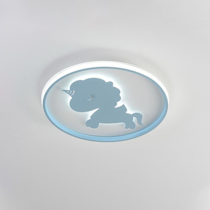 Ring-Flush-Lampe mit blau/rosa Pferd/Elefant-Design, Metall-LED-Cartoon-Deckenleuchte für Kinder