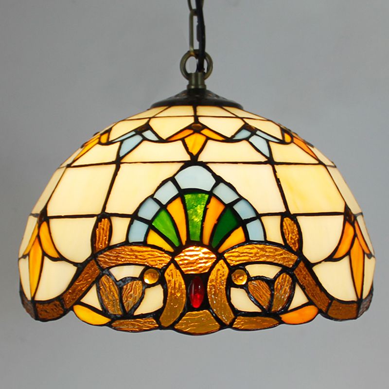 Stained Art Glass Domed Pendant Light Fixture Baroque Beige Hanging Light Fixture