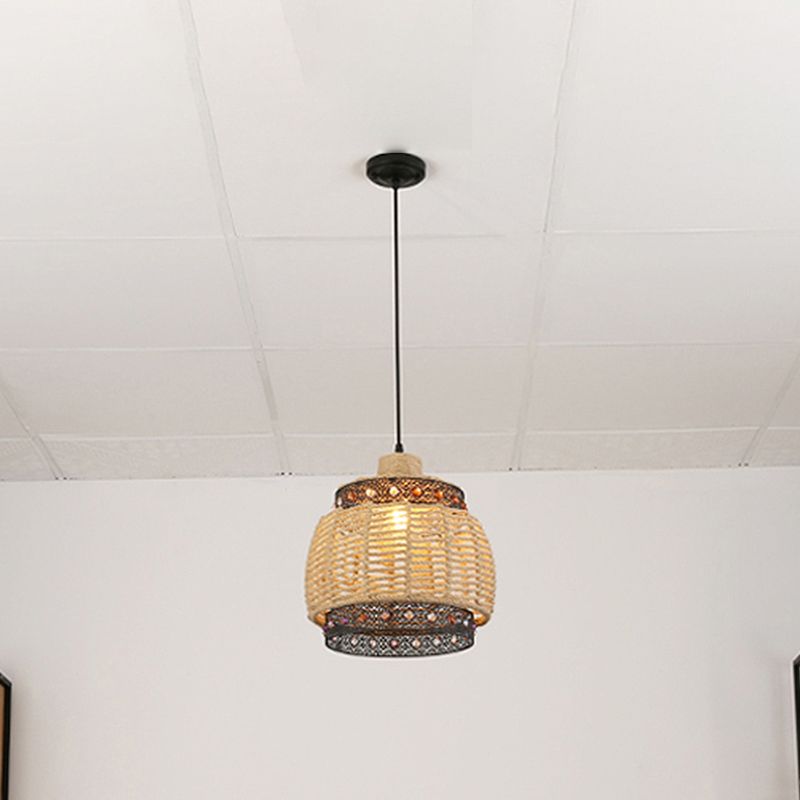 Beige Hand Woven Pendant Lighting Countryside 1 Light Rope and Metal Hanging Lamp with Jewels Accent