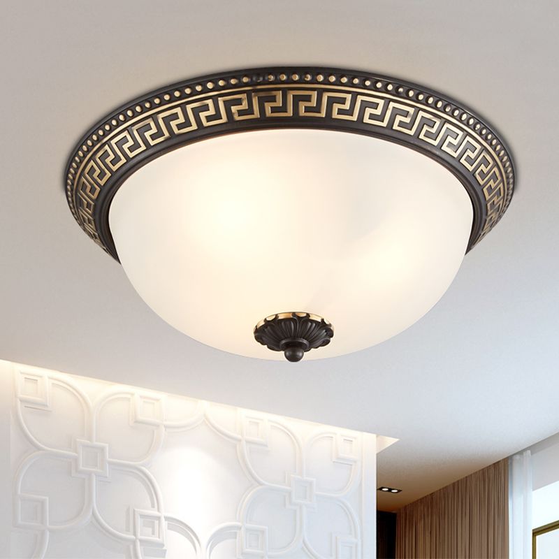Dome Opaline Glass Ceiling Lighting Retro 2/3-Bulb Bedroom Flush Mount Light Fixture with Swastika Pattern in Black-Gold