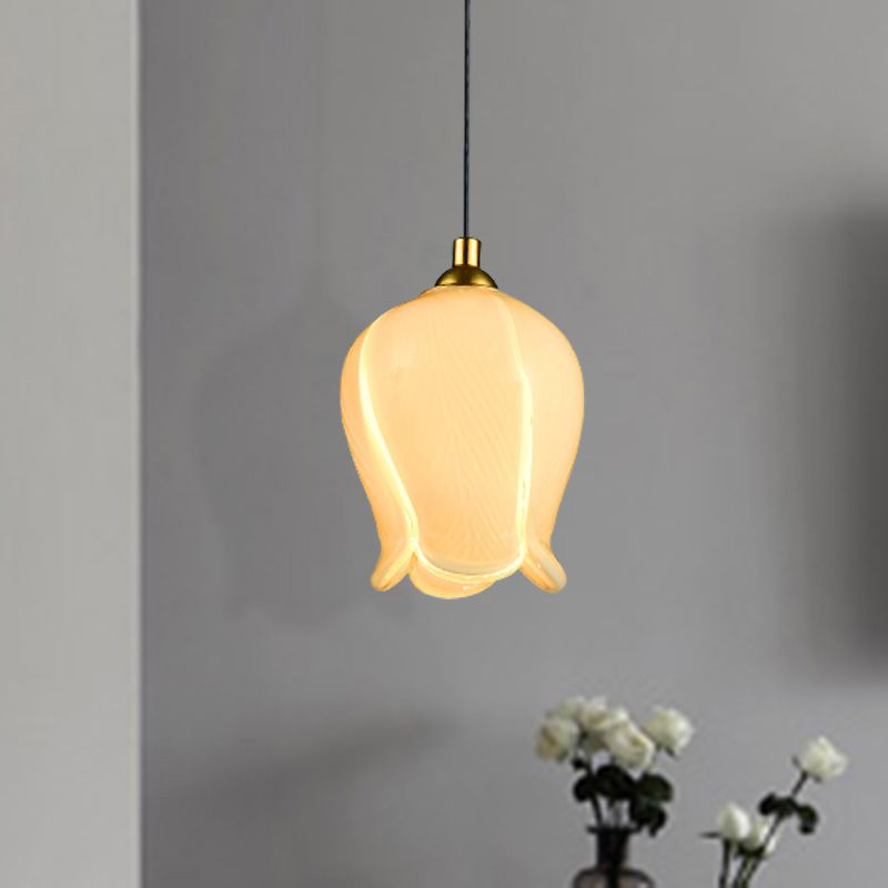 1 Light Blossom Drop Pendant Rustic White/Yellow Glass Ceiling Suspension Lamp for Bedroom