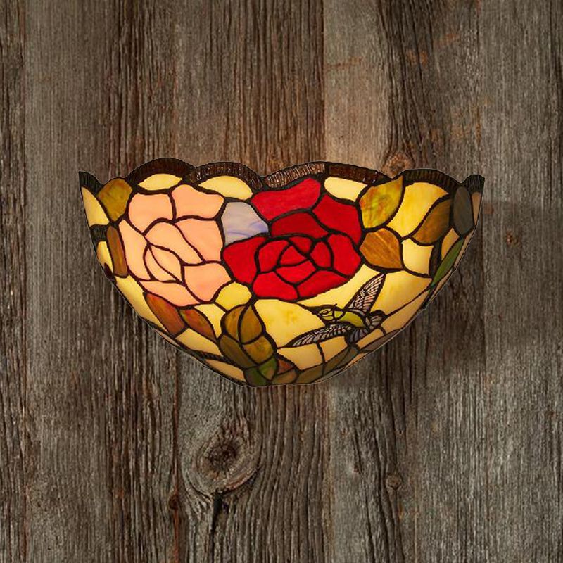 Rose Pattern Wall Mount Light with Bowl Shade 1 Light Stained Glass Lodge Tiffany Wall Lamp