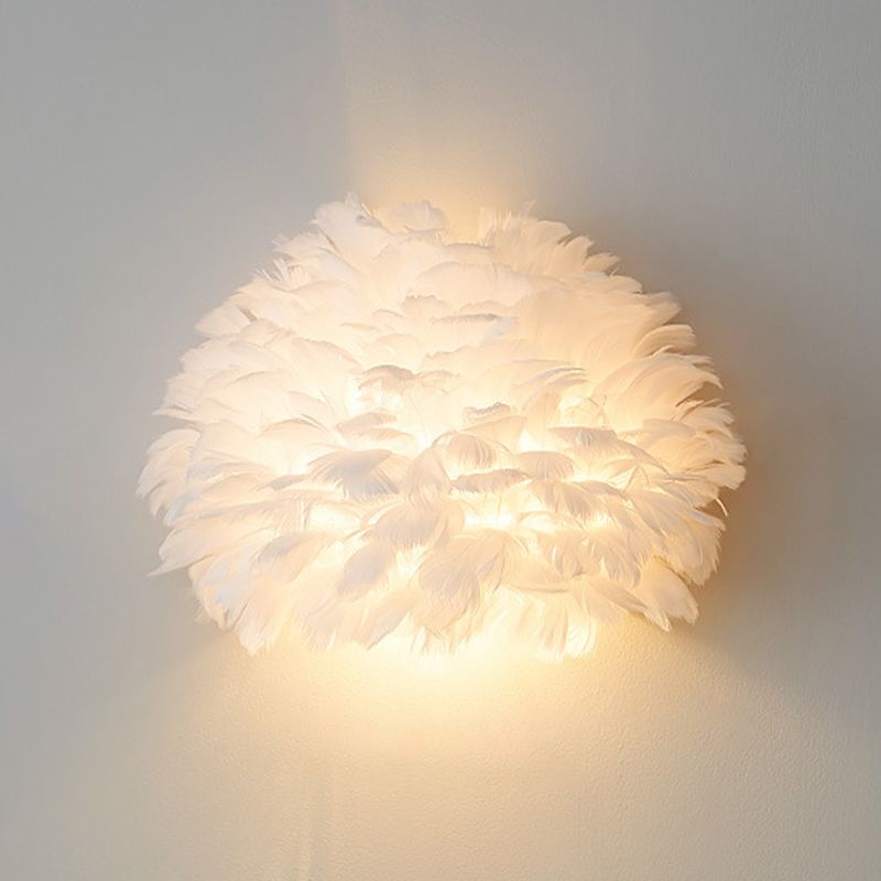 Modern Metal Wall Sconce Geometric Shape Wall Light with Feather Shade for Bedroom