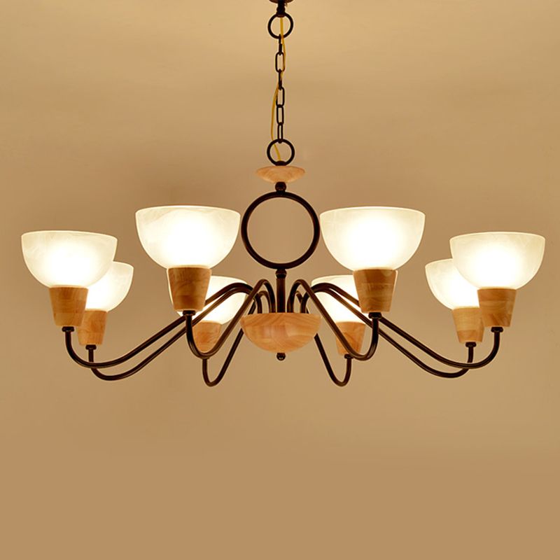 Opal Frosted Glass Bowl Up Chandelier Nordic Wood and Black Ceiling Light for Bedroom