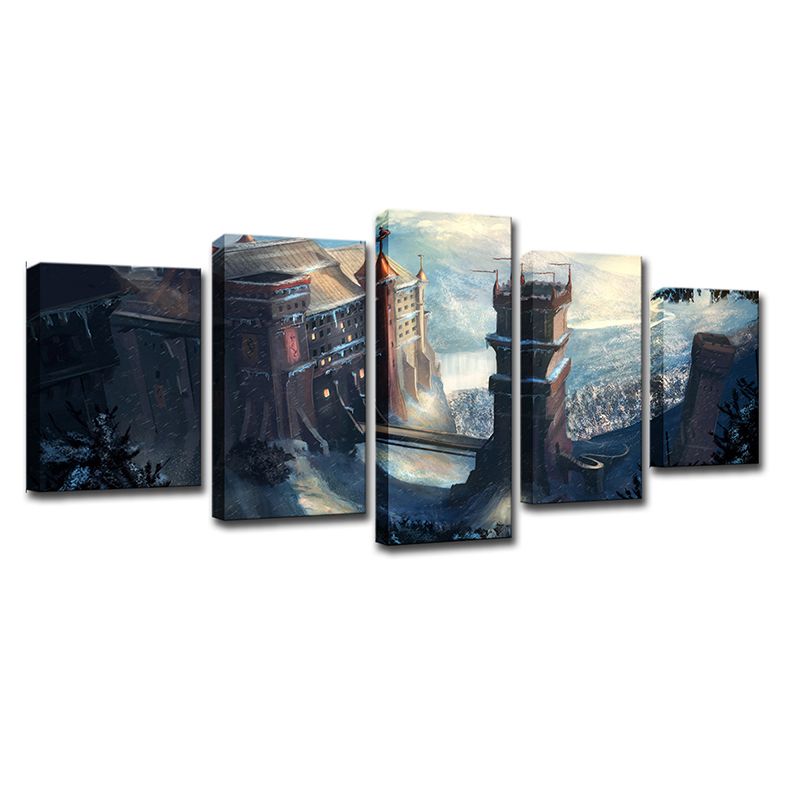 Kids Fantasy Castle Wall Art Blue Multi-Piece Canvas Print for House Interior