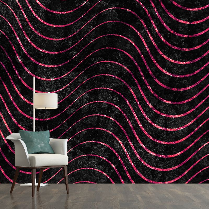 Large Modern Art Mural Dark Color Wavy Lines Foil Wall Covering, Made to Measure