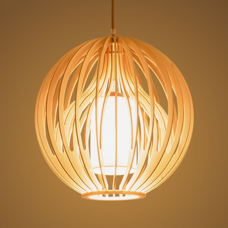 Asia Style 2-Layer Cage Pendant Wooden 1 Head Dining Room Ceiling Light in Beige with Interior Fabric Shade