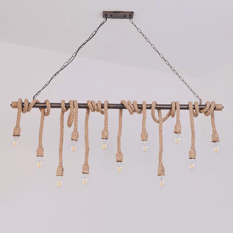 Exposed Bulb Pendant Lighting Farmhouse Wood Hemp Rope Island Light for Restaurant