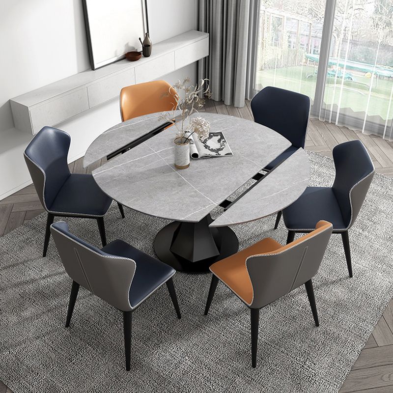 Extendable Round Dining Table Modern Sintered Stone Top Table with Black Pedestal