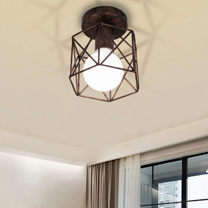 Wire Cage Iron Semi Flush Light Fixture Warehouse 1 Light Antique Bronze Semi Mount Lighting with Hexagon Shade