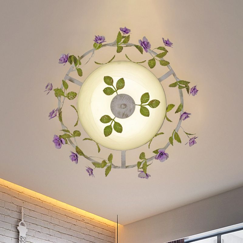 Pastoral Style Bowl Flush Light 2 Heads White Glass Flush Mount Ceiling Lamp with Bloom Decoration