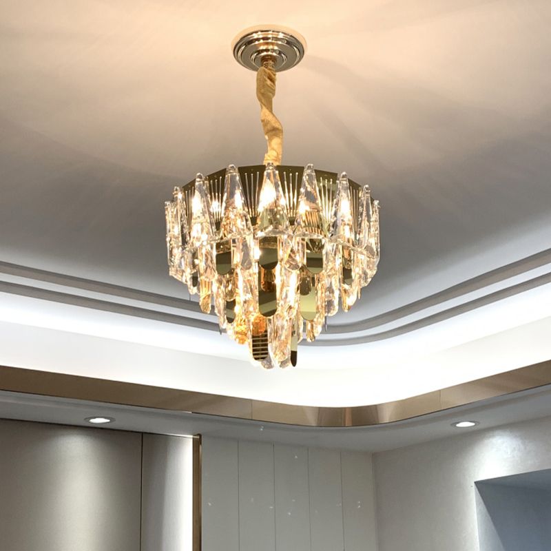 Triangle Chandelier Modernism Metallic 7-Light Gold Hanging Ceiling Light with Crystal Icicle