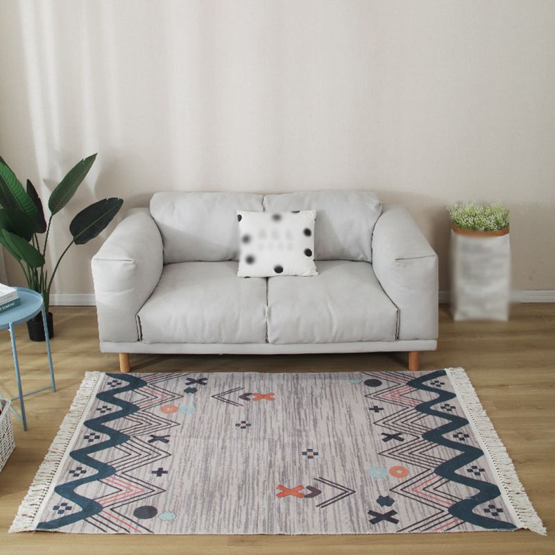 Grey Geometric Pattern Area Rug Polyester Area Carpet Fringe Easy Care Rug for Living Room