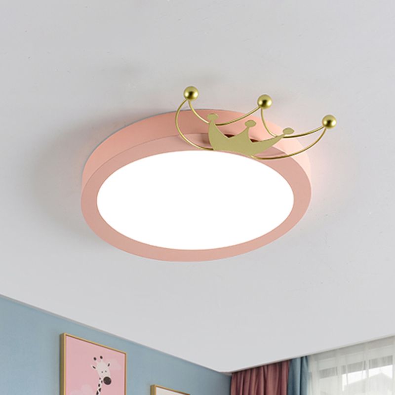 Nordic Drum Flushmount Beleuchtung mit Gold Crown 1 Head Led Blue/Pink Flush Light for Kids, Warm/White Light