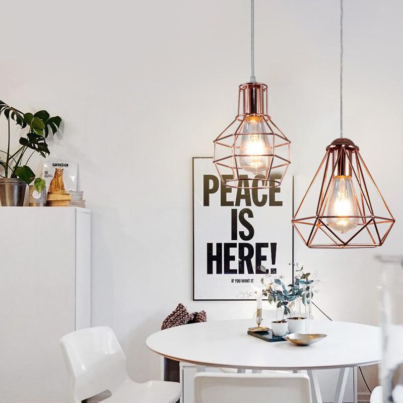 Electroplated Rose Gold Hanging Light Iron Cage Shade Industrial Style Single Bulb Lighting Fixture for Bedroom