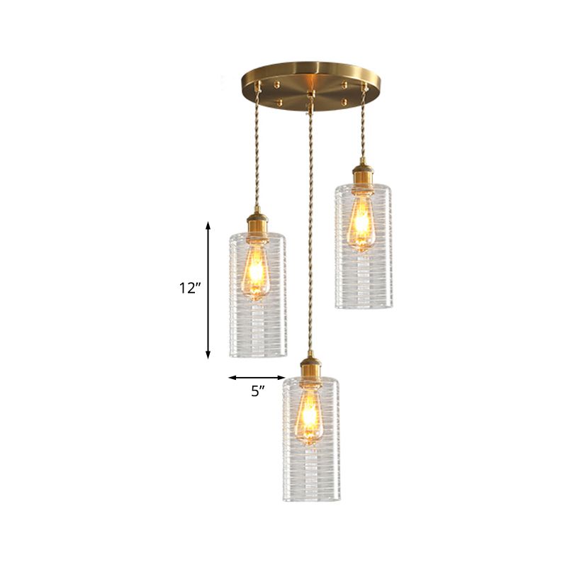 Colonialist Tube Multi Light Pendant 3 Bulbs Clear Glass Hanging Lamp with Round/Linear Canopy for Restaurant