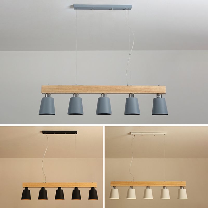 Linear Wooden Island Light Fixture Nordic Suspension Light with Tapered Metal Shade