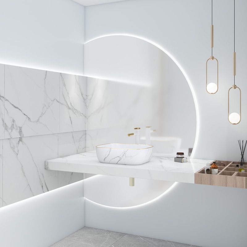 Modern Bathroom Sink Porcelain Pop-Up Drain Solid Color Rectangular Vessel