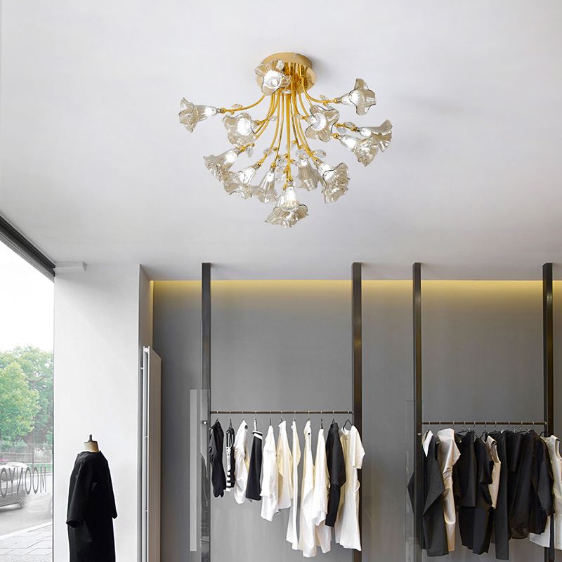 Gold Starburst Semi Flush contemporáneo 16 cabezas Cristal Techo de montaje Luz de la lámpara