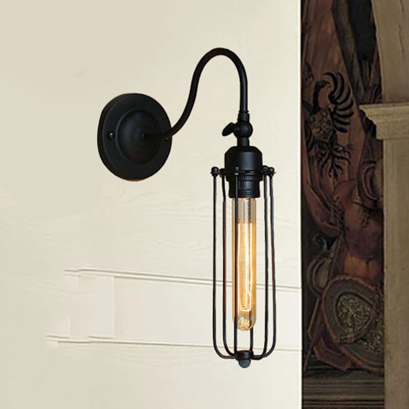 Black Globe/Oval Cage Wall Mount Light with Gooseneck Arm Retro Style Metallic 1 Head Bedroom Mini Wall Lamp